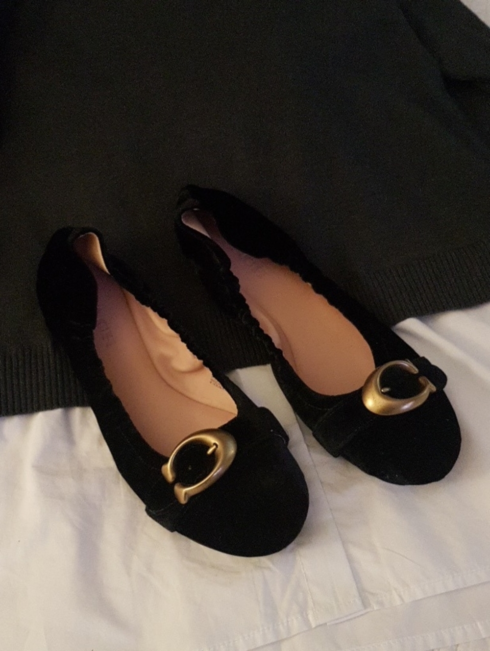 Coach Black Velvet Ballet Flats with Gold Buckle